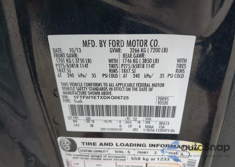 2013 Ford F-150 Fx4 из США, поврежденный, VIN 1FTFW1ETXDKG06725